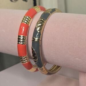 Coral & Grey Sequin Enamel Hinged Bangle Bracelets Set Gold Tone